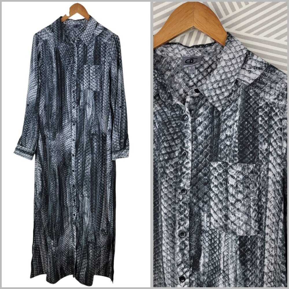 QC Maxi Shirt Dress Size Medium Duster Jacket Party Long Snake Scale Gray Modest